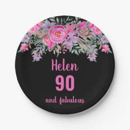 90. Geburtstag pink schwarz Aquarellblume Pappteller