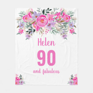 90. Geburtstag pinkfarbene Blumenvlies-Decke Fleecedecke