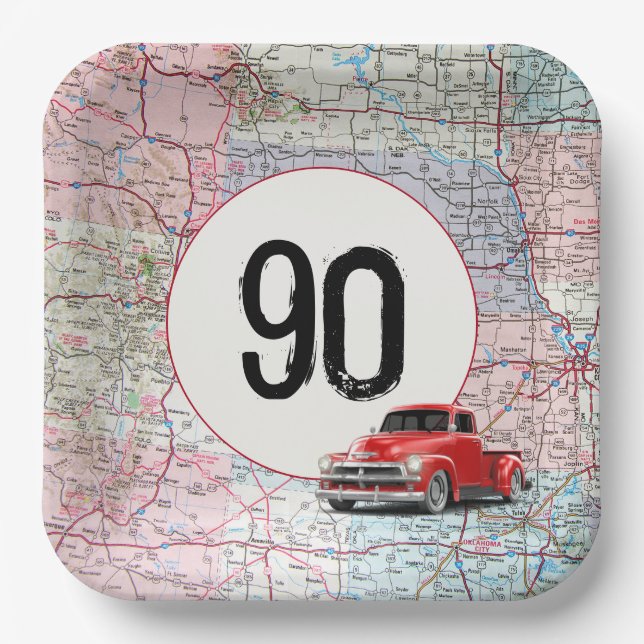 90. Geburtstag Red Retro Truck auf Roadmap Pappteller (Vorderseite)