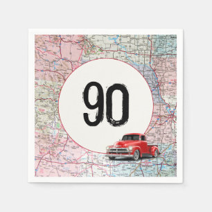 90. Geburtstag Red Retro Truck auf Roadmap Serviette