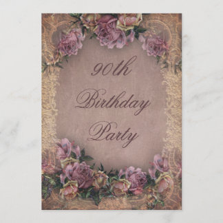 90. Geburtstag Romantische Vintage Rose und Spitze Einladung