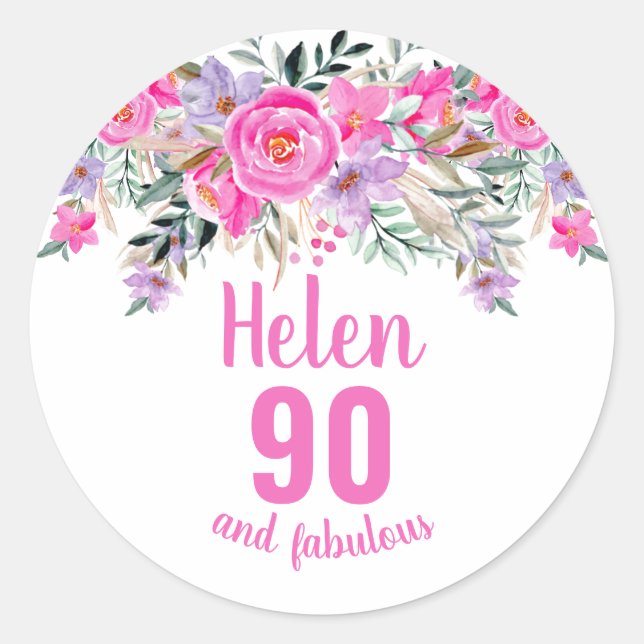 90. Geburtstag rosa Aquarellblüte Runder Aufkleber (Vorderseite)