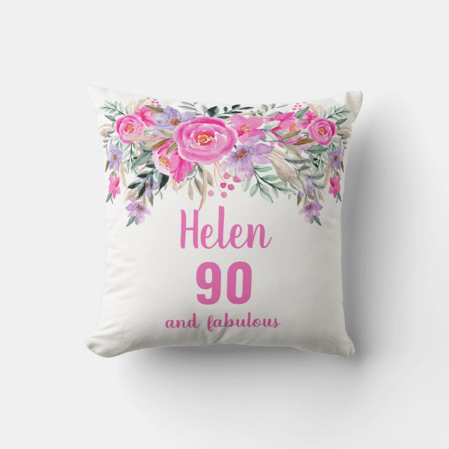 90. Geburtstag rosa Blumenbezeichnung Kissen (Vorderseite)