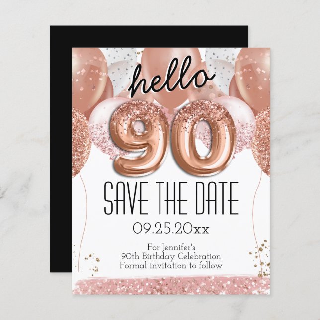 90. Geburtstag Rosa Glitzer Save the Date (Vorne/Hinten)