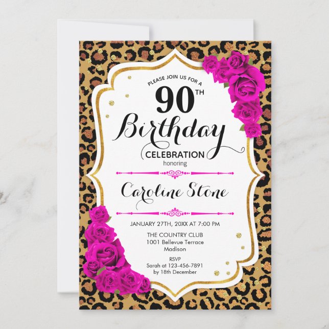 90. Geburtstag - Rosa Gold Leopard Print Einladung (Vorderseite)
