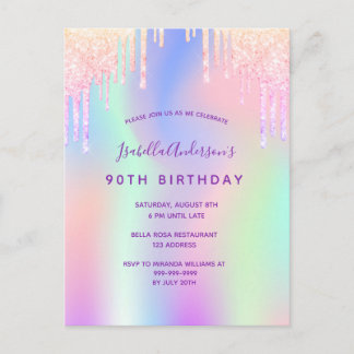 90. Geburtstag rosa lila holografische Einladung Postkarte