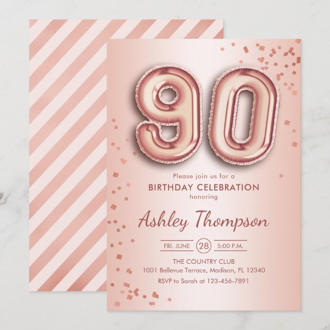90. Geburtstag - Rose Gold Balloons Einladung (Vorne/Hinten)