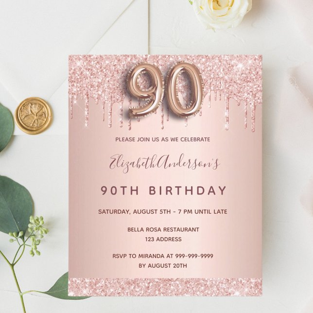 90. Geburtstag Rose Gold Glitzer Einladung Flyer (Von Creator hochgeladen)