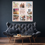 90. Geburtstag Rose Gold rosa Custom Foto Collage Künstlicher Leinwanddruck<br><div class="desc">Ein einzigartiges Geschenk für einen 90. Geburtstag, das ihr Leben mit einer Collage von 8 eigenen Fotos, Bildern feiert. Personalisieren und fügen Sie ihren Namen und ein Datum. Eine schicke Rose Gold, rötlich rosa Hintergrund. Der Name ist mit einem modernen handgeschriebenen Stil-Skript geschrieben, Nummer 90 mit einem Schriftart im Ballonstil....</div>