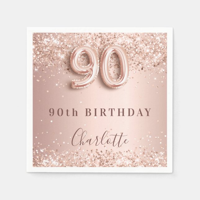 90. Geburtstag Rose Goldblush Glitzer Name Serviette (Vorderseite)