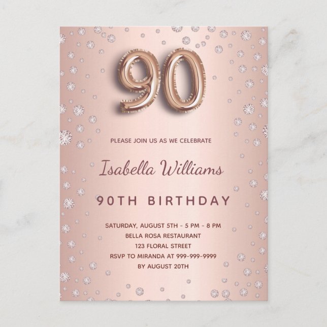 90. Geburtstag Rose Golddiamanten Ballonskript Postkarte (Vorderseite)