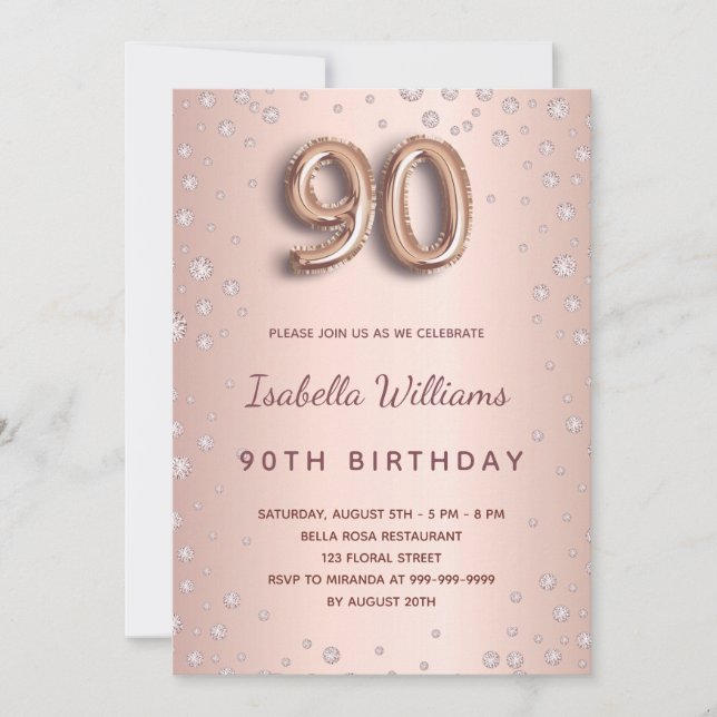 90. Geburtstag Rose Goldpuderdiamanten Einladung (Vorderseite)