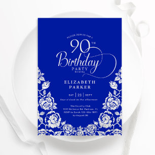 90. Geburtstag Royal Blue Silver Rose Einladung