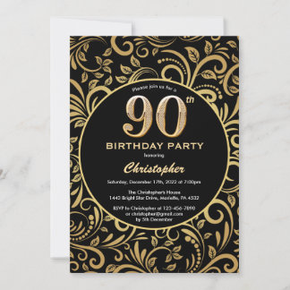 90. Geburtstag Schwarz-Gold-Blütenmuster Einladung