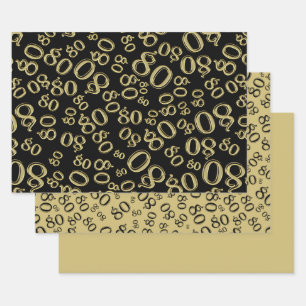 90. Geburtstag Schwarz & Gold Zahlenmuster 80 Geschenkpapier Set