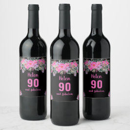 90. Geburtstag schwarz rosa Blüte Weinetikett