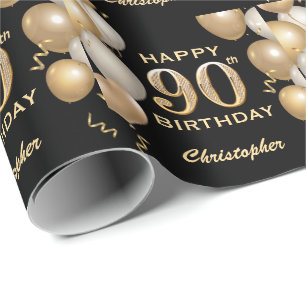90. Geburtstag Schwarz und Gold Glitzer Ballons Geschenkpapier