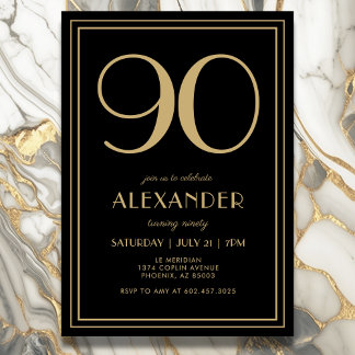 90. Geburtstag Schwarz und Gold Modern Minimal Erw Einladung