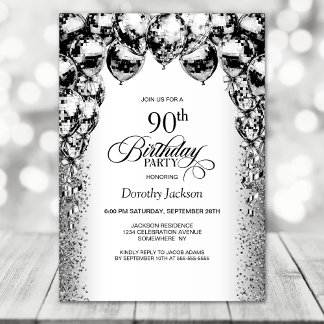 90. Geburtstag Schwarz und Weiß Balloons Party Einladung