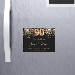 90. Geburtstag schwarzer Glitter Save the Date Mag Magnetkarte