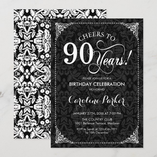 90. Geburtstag - Schwarzer und weißer Damast Einladung (Vorne/Hinten)