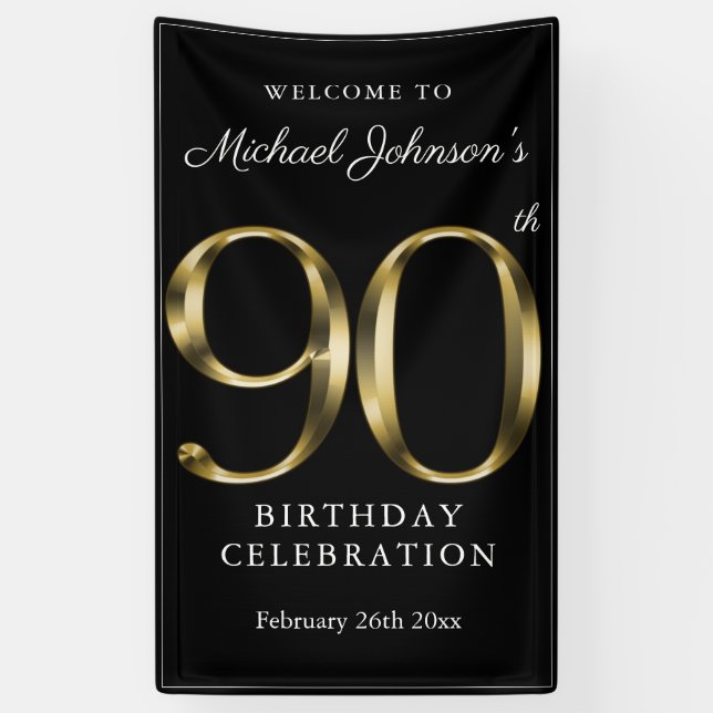 90. Geburtstag Schwarzes Gold Elegantes Begrüßungs Banner (Vertikal)