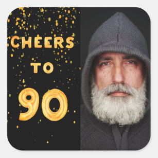 90. Geburtstag schwarzes Gold Foto jubelt Typ Mann Quadratischer Aufkleber