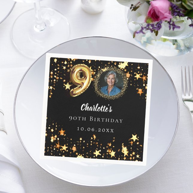 90. Geburtstag Schwarzes Gold Sterne Foto Serviette (Von Creator hochgeladen)