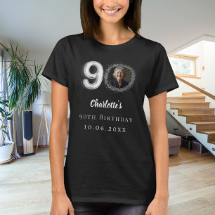 90. Geburtstag schwarzes silbernes Foto T-Shirt