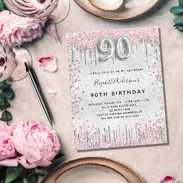 90. Geburtstag silber pink Metall Glitzer Staub Einladungspostkarte