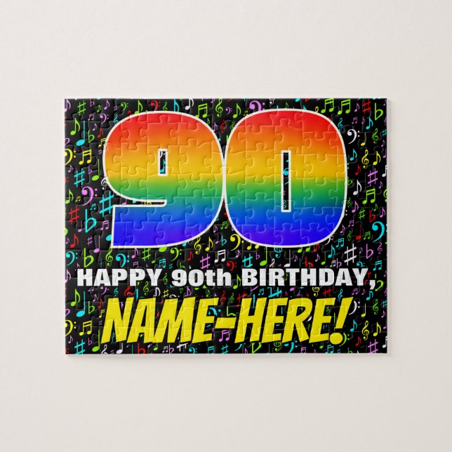 90. Geburtstag — Spaß, bunte Musiksymbole & "90" (Horizontal)