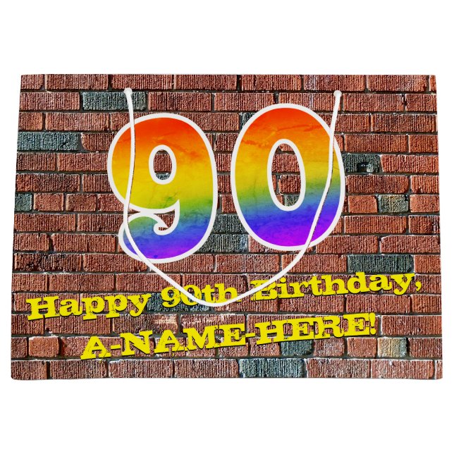 90. Geburtstag: Spaß, Graffiti-Inspiriert Regenbog Große Geschenktüte (Vorderseite)