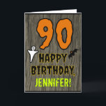 90. Geburtstag: Spooky Halloween Theme, Individuel Karte<br><div class="desc">Auf der Vorderseite dieses beängstigenden und lustigen Halloween Geburtstagskarten-Designs steht eine große Zahl "90". Es enthält auch die Meldung "GLÜCKLICHER BIRTHTAG", plus einen benutzerdefinierbaren Namen. Auf der Vorderseite befinden sich auch eine Fledermaus und ein Geist. Das Innere verfügt über eine eigene Geburtstagsgrüße oder könnte gelöscht und links werden, wenn eine...</div>