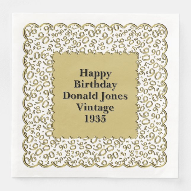 90. Geburtstag Zahlenmuster Scallops Gold/Weiß Serviette (Vorderseite)