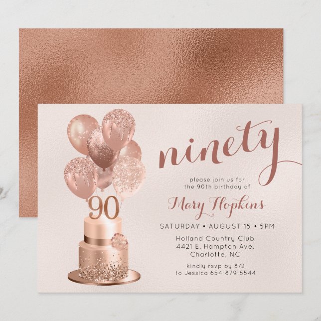 90. Geburtstags-Rose Gold Cake Einladung (Vorne/Hinten)