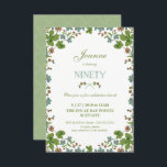 90. Geburtstagseinladung, Neunzigster Vintager Sti Einladung<br><div class="desc">Diese Einladung zum 90. Geburtstag ist ein Vintager Stil, inspiriert von einer Postkarte aus dem frühen 19. Jahrhundert. Es verfügt über einen Rahmen von grünen, blauen und rosa Kleeblatten Blume. Die Rückseite hat einen ergänzenden grünen Hintergrund mit einem weißen Quartrefolienmuster, das geändert oder entfernt werden kann. Der Text kann auf...</div>