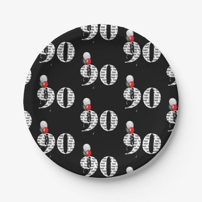 90. Geburtstagsfeier Ballons auf schwarz Pappteller (Vorderseite)