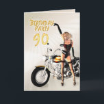 90. Geburtstagsfeier mit Mädchen und Motorrad Einladung<br><div class="desc">Ein wunderschönes Mädchen,  das einen Basketball und Strümpfe trägt,  steht bei einem kraftvollen Motorrad und zeigt auf eine Geburtstagsfeier. Eine großartige Karte für die Männer,  die ihre Fahrräder mögen.</div>