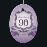 90. Geburtstagsfeier Personalisiert Keramikornament<br><div class="desc">Design in the style of coat of arms in purple colors with large 90th "BIRTHDAY CELEBRATION" onto a ribbon Design on oval ceramic ornament with name. You can easily change name (Mitbewohner, tun, size and position) by clicking the customize button. Available with design for 60th, 70th, 80th, 95th birthday. Matching...</div>