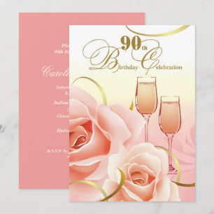 90. Geburtstagsfeier. Rosa Pfirsichfarbene Rose Einladung