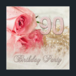 90. Geburtstagsfeier, Rose und Perlen Einladung<br><div class="desc">Ein wunderschönes zartes Bild einer Rose in sanften Rosa Tönen. Im Hintergrund ist eine Perlenkette. Die ganze Wirkung wird durch eine zarte Feder gemildert. Eine wunderbare 90. Geburtstagsfeier.  Wechseln Sie zu Ihren eigenen Party-Details</div>