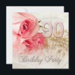 90. Geburtstagsfeier, Rose und Perlen Einladung<br><div class="desc">Ein schönes zartes Bild einer Rose in sanften Rosatönen. Im Hintergrund ist eine Perlenkette. Der ganze Effekt wird durch eine zarte Feder gemildert. Eine schöne 90. Geburtstagsfeier. Ändern Sie den Rücken in Ihre eigenen Party-Details</div>