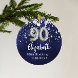 90. Geburtstagsnavy blauen Silberstars Keramik Ornament<br><div class="desc">Eine marineblau Hintergrundfarbe mit Imitaten silbernen Sternen. Die blaue Farbe ist ungleichmäßig. Name,  Text/Datum hinzufügen</div>