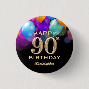 90. Geburtstagsparty Black and Gold Ballons Button