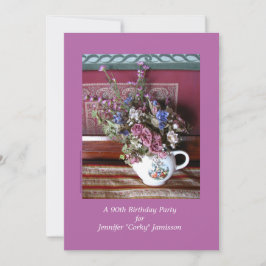 90. Geburtstagsparty Einladung, Blume in Teekanne Einladung