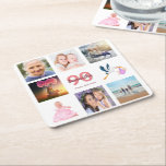 90. Geburtstagsparty Foto Collage White Name Rechteckiger Pappuntersetzer<br><div class="desc">Ein Party Untersetzer für eine mädchenhafte 90. Geburtstagsfeier,  die ihr Leben mit einer Collage von 8 Ihrer Fotos feiert. Vorlagen für einen Namen,  90 Jahre und ein Datum. Geburtsdatum oder Geburtsdatum des Party. Korallen- und Bordeaux-Buchstaben. Weißer Hintergrund.</div>