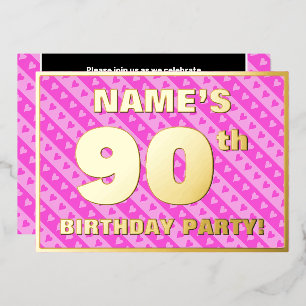 90. Geburtstagsparty — Fun Pink Hearts and Stripes Folieneinladung