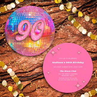 90. Geburtstagsparty Gold Pink Glitzer Disco Ball Einladung