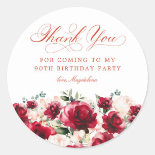 90. Geburtstagsparty Red Pink Floral Vielen Dank Runder Aufkleber