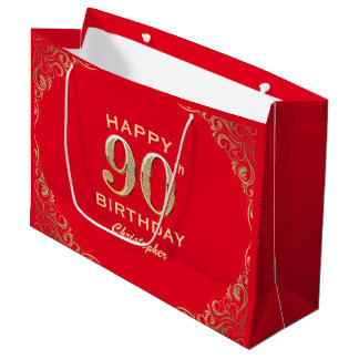 90. Geburtstagsparty Rot und Gold Glitzer Frame Große Geschenktüte
